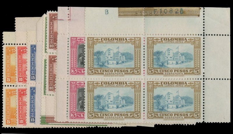 Colombia #C151-163 Cat$108+, 1939 5c-5p, complete set in blocks of four, neve...