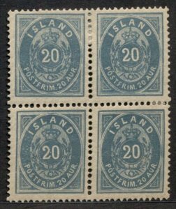 ICELAND #17 (15c) 20aur, p. 14x13½, Block of 4, Moller certificate