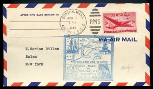 U.S. Scott C32 on 1947 Cover for First Boston to Nova Scotia Air Mail Flight