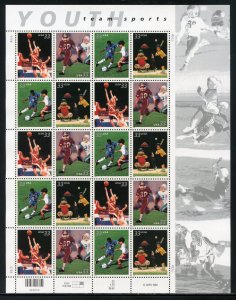 UNITED STATES SCOTT #3399/3402 YOUTH TEAM SPORTS COMPLETE SHEET MINT NH