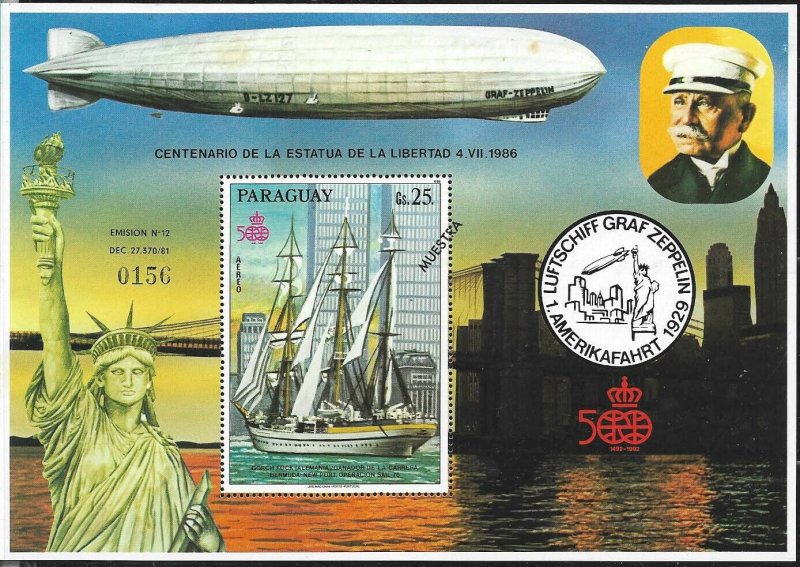 PARAGUAY 1986 NY LIBERTY STATUE CENTENARY SHIP SPECIMEN MUESTRA S/S Mi BL434 MNH