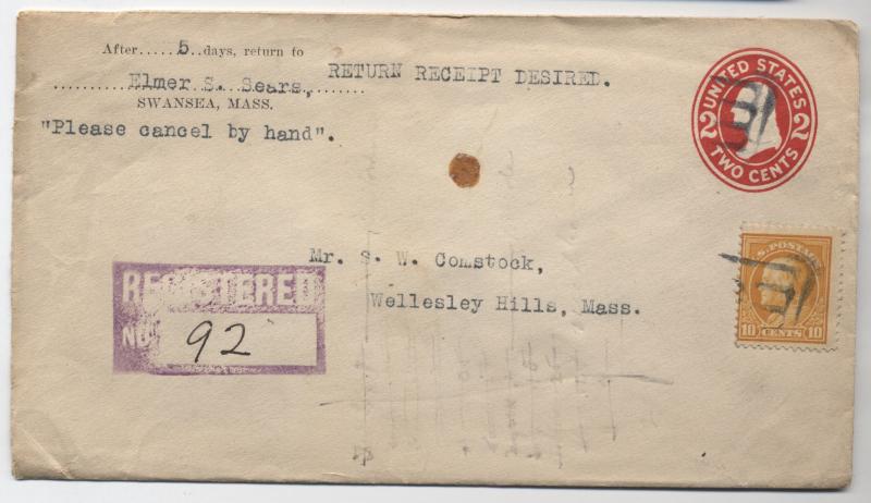 1912 Swansea Massachusetts Doane Cancel on Registered Cover [1712]