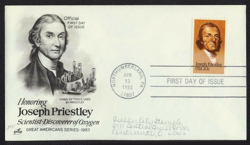 #2038 20c Joseph Priestley, Art Craft-Hand Cancel FDC **ANY 5=FREE SHIPPING**