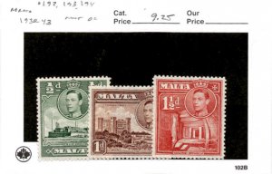 Malta, Postage Stamp, #192, 193, 194 Mint Hinged, 1938 (AB)