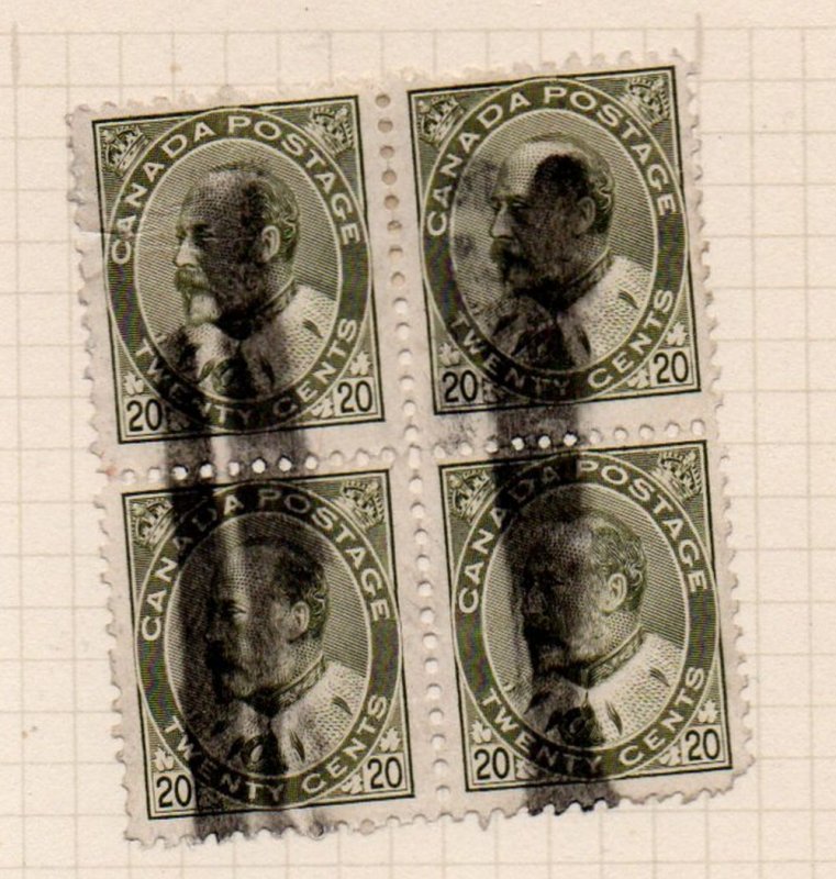 Canada Sc 94 1904 20c olive green E VII stamp block of 4 used