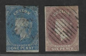 CEYLON 1857 SC. # 1-2 IMPERF ON BLUED PAPER WATERMARK STAR SG. 1, 2B