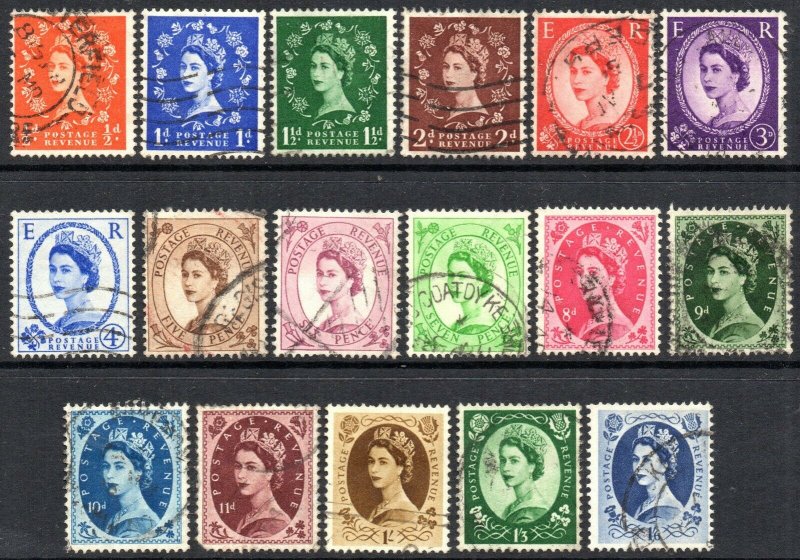 1952-54 Sg 515/531 Wilding Definitive Tudor Watermark Set of 17 Values Good Used