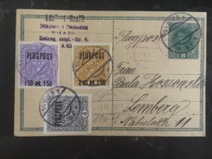 1918 Vienna Austria to Lemberg Poland Airmail Cover # C1-C3 Postcard Overprints