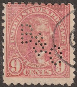 USA, stamp, scott#590,  used, hinged, 9 cent, perfin, B&O,