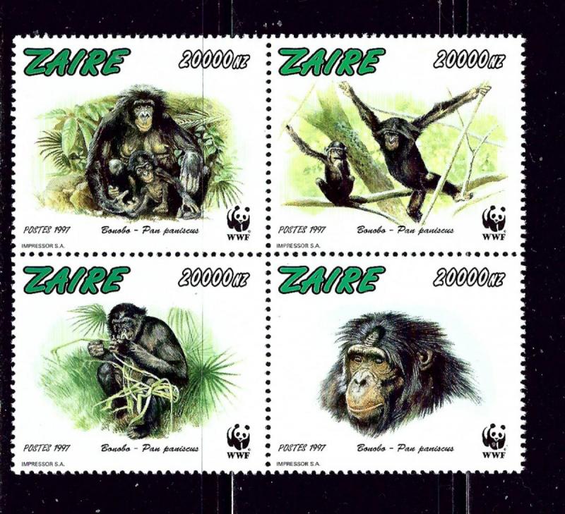 Zaire 1466 MNH 1997 Monkeys Block of 4 W.W.F.