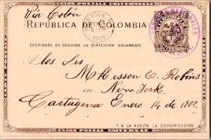 Colombia 2c Coat of Arms Postal Card 1902 Correos Nacionales, Cartagena to Yo...