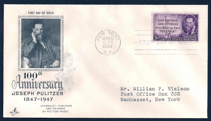 UNITED STATES FDC 3¢ Joseph Pulitzer 1947 ArtCraft