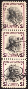 1938, US $1, Woodrow Wilson, Used strip of 3, Sc 832