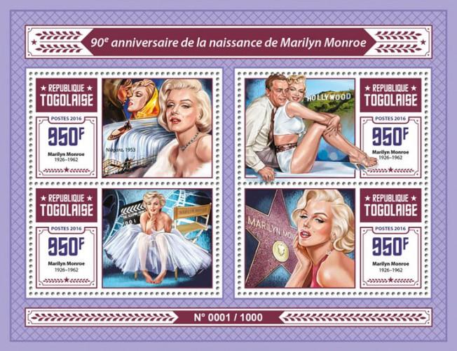 TOGO - 2016 - Marilyn Monroe - Perf 4v Sheet - MNH