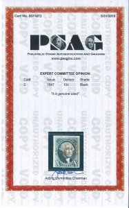 SCOTT 2 used Fine-Very Fine, PSAG Cert (TJ 7/29) 