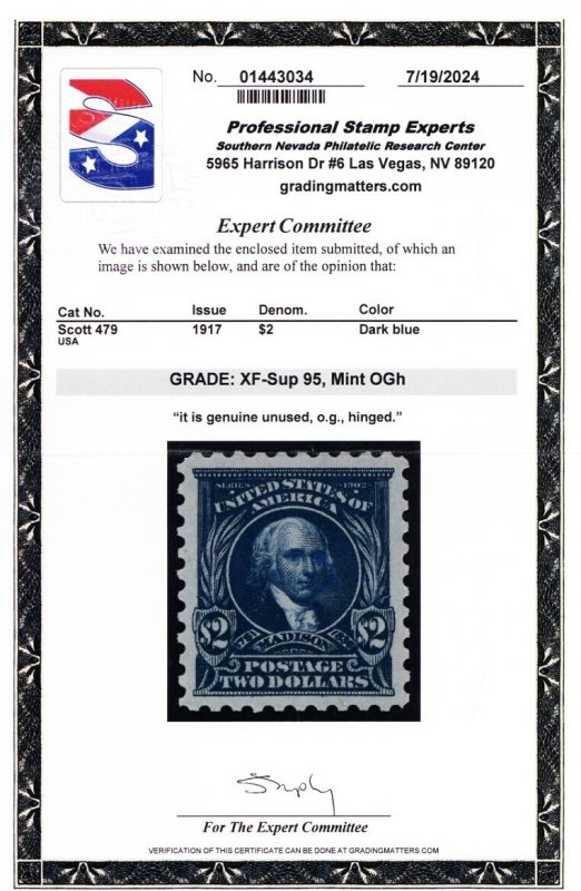 479, Mint XF LH $2 With Graded 95 PSE Certificate - Stuart Katz