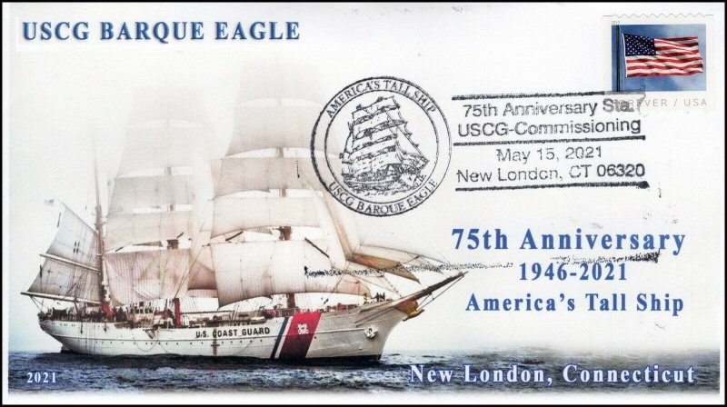 21-168, 2021, USCG Barque Eagle, Event Cover, Pictorial Postmark,Tall Ship, 75th