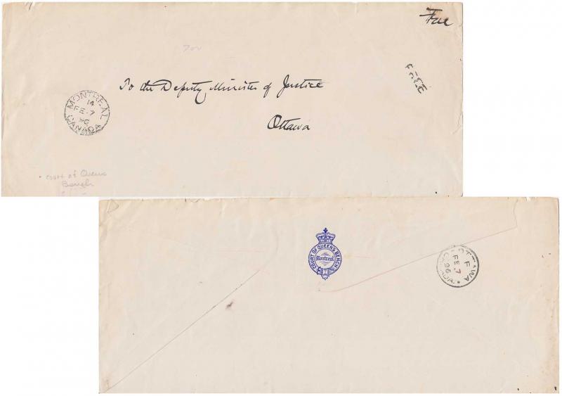 Canada Official Free Mail 1896 Montreal, Canada with sl hs Free.  Reverse Ill...