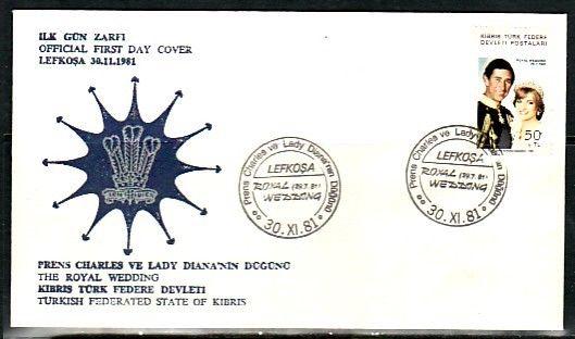 Turkish Rep. of Cyprus, Scott cat. 113. Diana`s Royal Wedding. First day cover.^