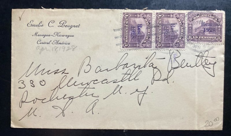 1928 Managua Nicaragua Cover To Rochester NY USA Overprinted Stamp 