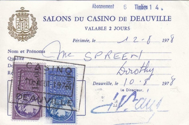 France: 1978, Casino Card W/Tax Stamps (11280)