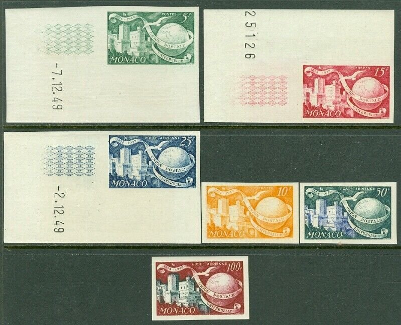 EDW1949SELL : MONACO 1949-50. 6 values Imperf from U.P.U. set in Original colors