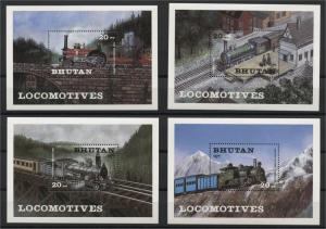 BHUTAN, LOCOMOTIVES, 4 DIFFERENT SOUVENIR SHEETS 1984, MNH	