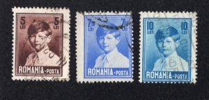 Romania 1928 5 l to 10 l Michael, Scott 326-328 used, value = $1.50
