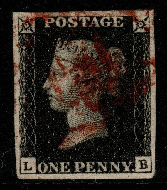 G.B. SG2 1840 1d BLACK PLATE 5 RED MALTESE CROSS CANCEL USED