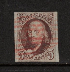 USA #1 Used Fine With Red Grid Cancel **With Certificate**