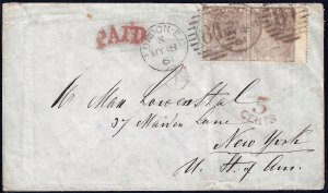 UK GB US 1861 COVER LONDON TO NEW YORK $670 PAIR Sc 27 WMK EMBLEMS WITH 5 CENT