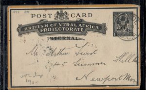 BRITISH CENTRAL AFRICA COVER (PP1809B)  1899 1D ARMS PSC FROM CHIND WITH MSG 