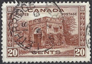 Canada #243 20¢ Fort Garry Gate (1938). Very fine centering. Used.