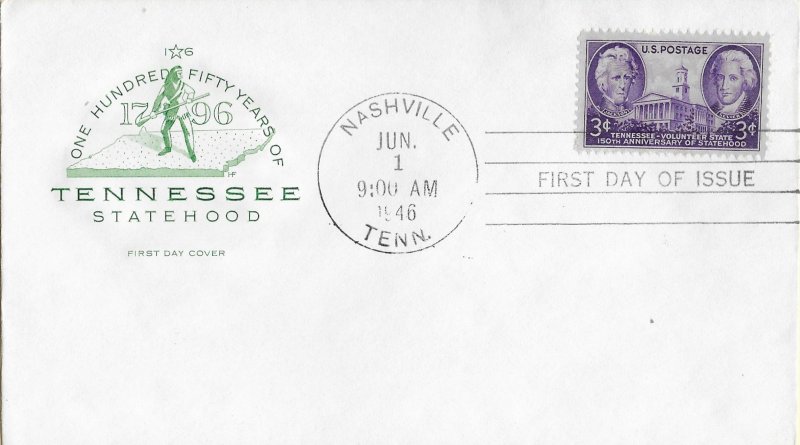 1946 FDC, #941, 3c Tennessee 150th, House of Farnam