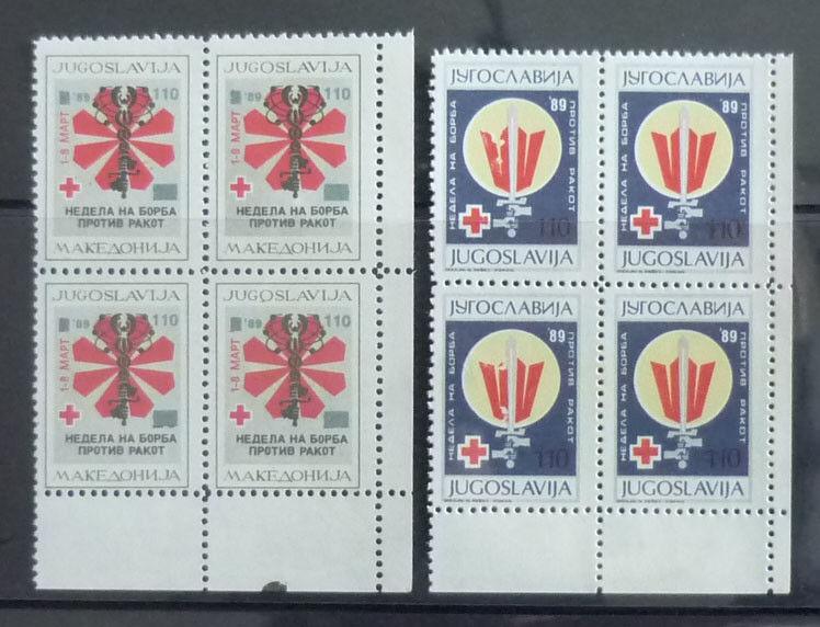 1989 YUGOSLAVIA-MACEDONIA-COMPLETE SET (MNH)-RED CROSS-BLOCKS OF 4 R! cancer J2