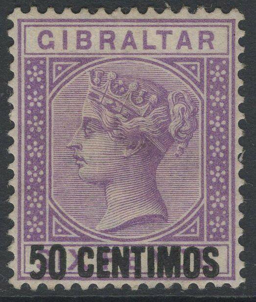 GIBRALTAR SG20a 1889 50c on 6d BRIGHT LILAC SHORT 5 AT FOOT MTD MINT