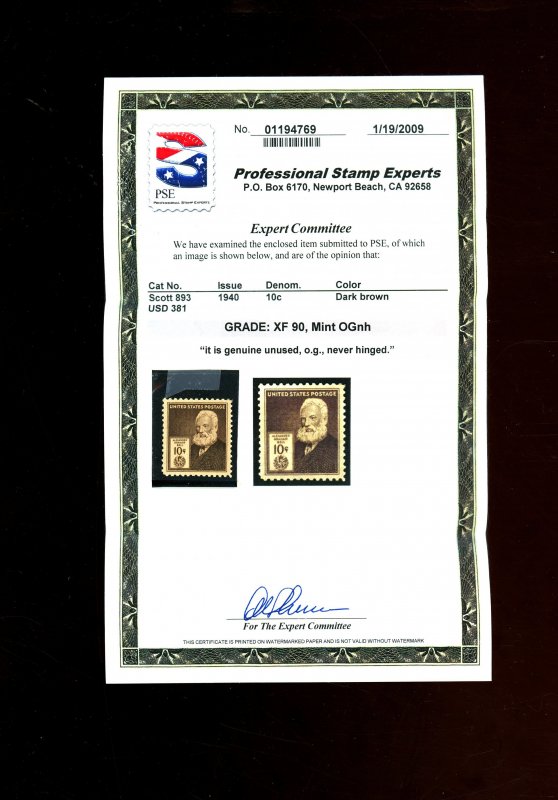 893 MINT PSE CERT XF 90 OG NH