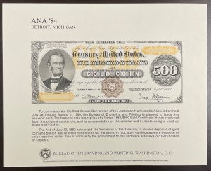 BEP B71 Souvenir Card $500.00 Gold Certificate - ANA 1984