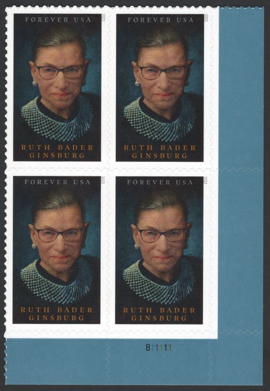 SC#5821 (Forever) Ruth Bader Ginsburg Plate Block: LR #B11111 (2023) SA
