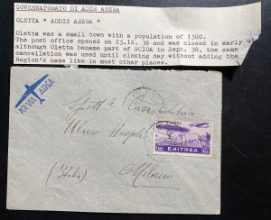 1938 Italian Military Post Office Eritrea Airmail Cover to Milan Italy