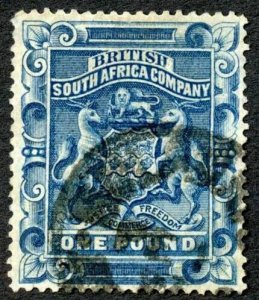 Rhodesia 1892-5 SG10 1 pound deep blue used not sure about the postmark