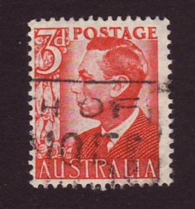 Australia 1951 Sc#235, SG#235 3d Red KGVI  Kings, Royalty USED.