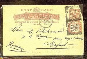 BRITISH CENTRAL AFRICA (P1210B) 1D  PSC +1D ARMS PSC VIA ZANZIBAR TO GERMANY