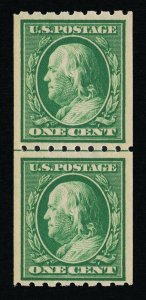 GENUINE SCOTT #390 VF MINT OG NH 1910 GREEN COIL LINE PAIR PERF-8½ SL-WMK  #9500