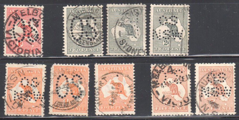 Australia ---PERFIN--- #2, #3 x3, #6x3 and #7 x2 USED Collection