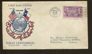 1936 Gonzales Texas to Honolulu Hawaii Centennial FDC Postal Cover 