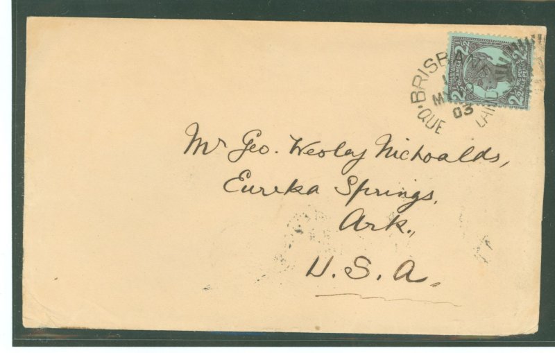 Queensland  Queensland 19 May 1903 to Eureka Springs, Arkansas.  Postage paid by Scott #116, back stamps include Seattle, WA 10