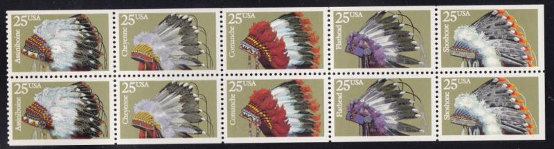 US 2501-2505, MNH Booklet Pane of 10 - Indian Headdresses