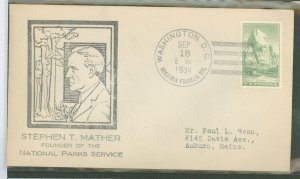 US 747 1934 8c Zion (part of the Natl Parks series) on an addressed (typed) FDC with a WSE (Washington Stamp Exchange) cachet