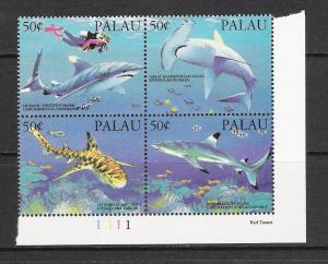 Palau #315 Marine Life Sharks Plate Block MNH